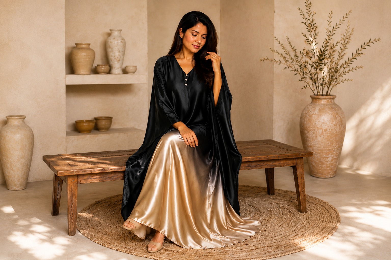 HOME noir gold silk kaftan